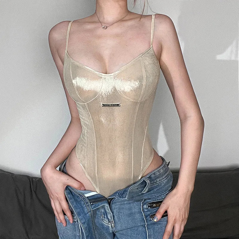 Polyester Elastane Bodysuit Lace-Up Sleeveless Slim Fit — Black | KIMLUD