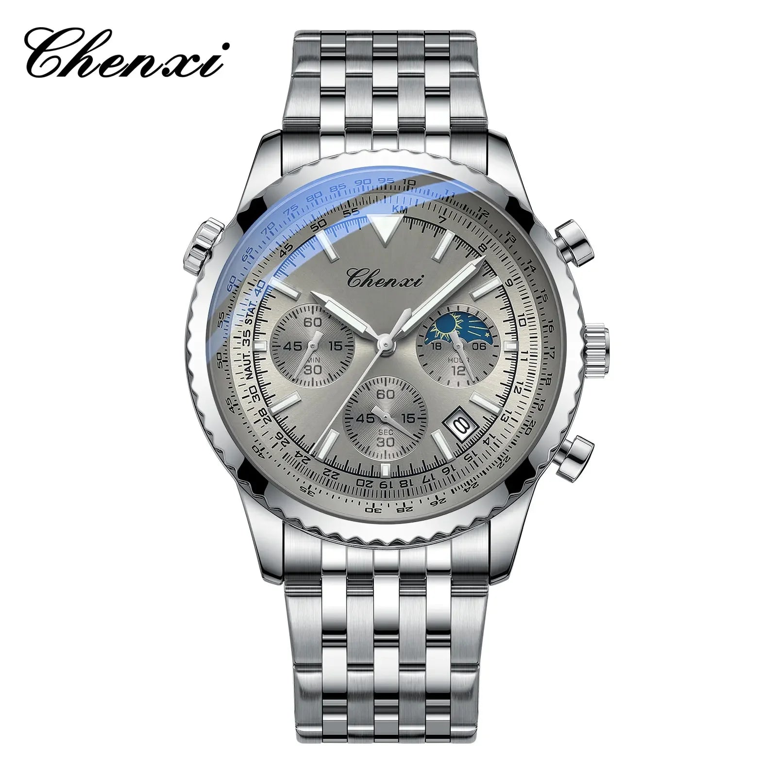 Luxury StopWatch Moon Phase Waterproof Male Clock Luminous Date Stainless Steel Square Quartz Men Watch reloj hombre