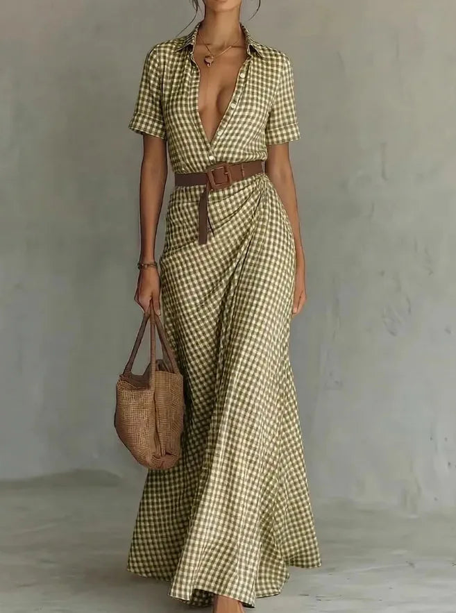 Polyester Blend Plaid Button Dress — Black | KIMLUD