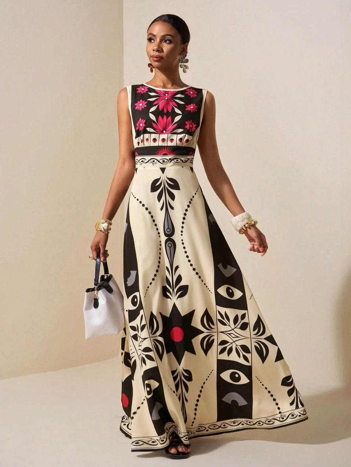 Maxi Dress – Floral Tribal Sleeveless A-Line – Polyester – Red | KIMLUD