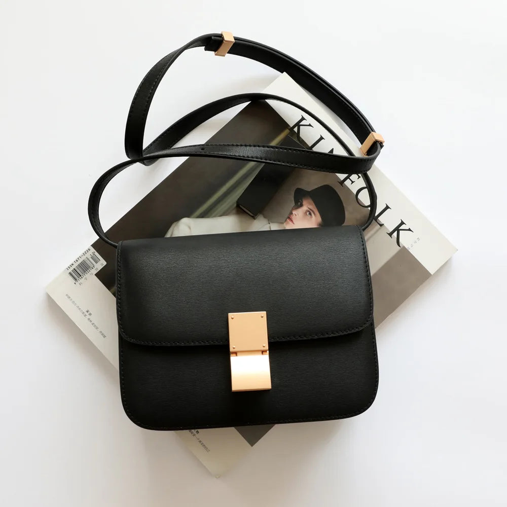 Split Leather Shoulder Bag Single Flap Lock — Black | KIMLUD