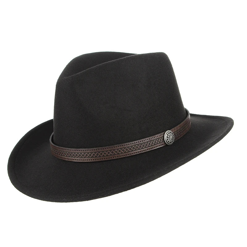Western Cowboy Hat Wide Brim Belted — Black | KIMLUD