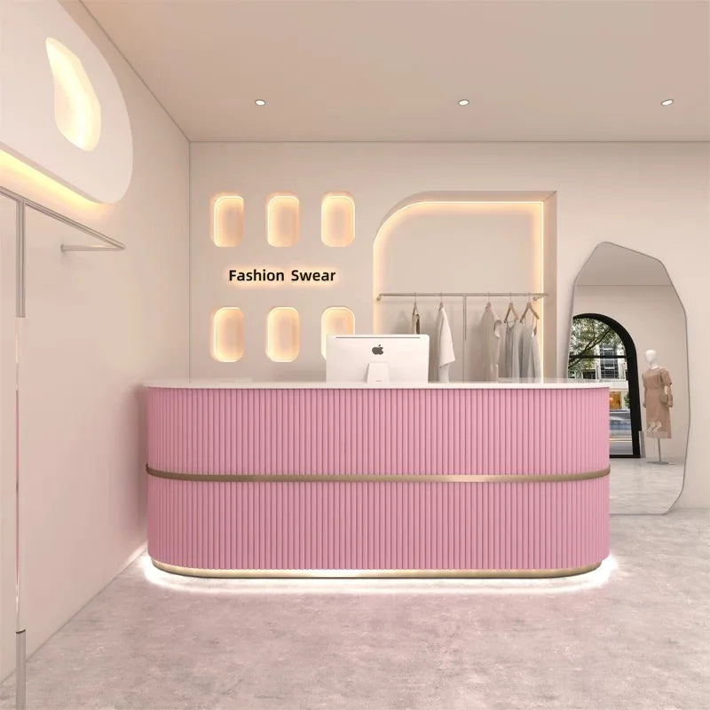 Curved Wood Reception Desk Modern Office — Walnut | KIMLUD