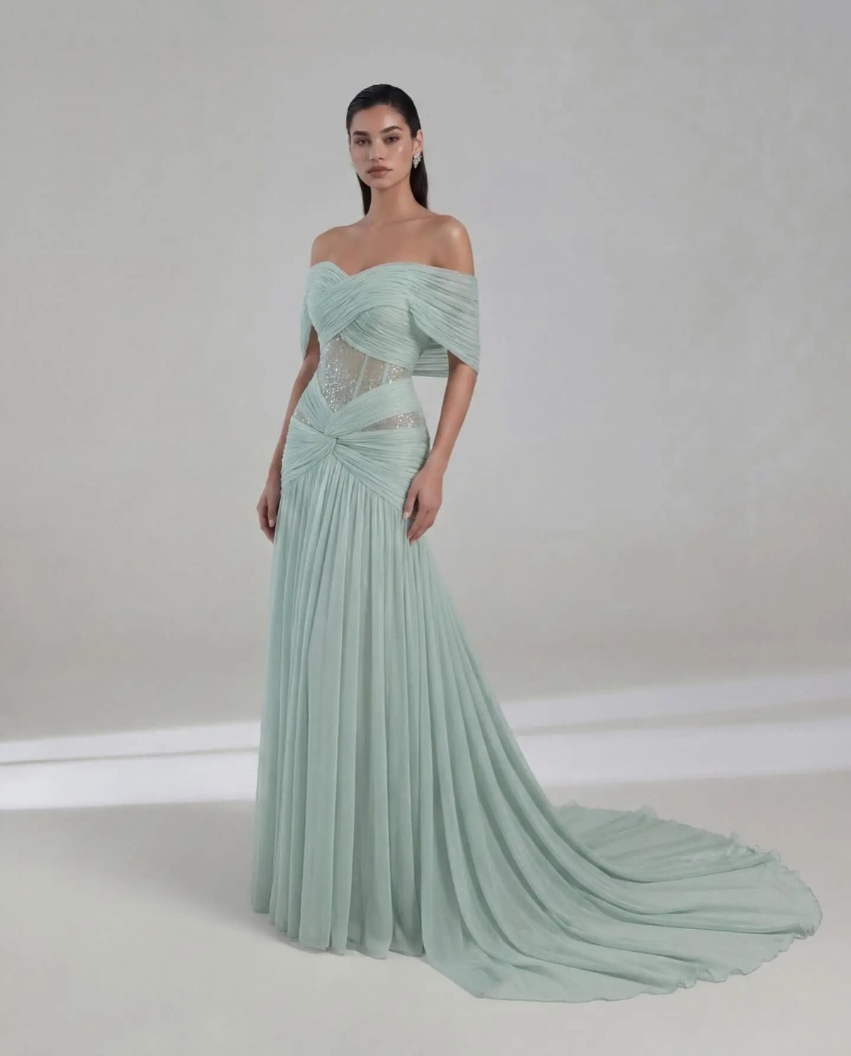 Off-Shoulder Evening Dress – Pleated – Chiffon – Mint Green | KIMLUD
