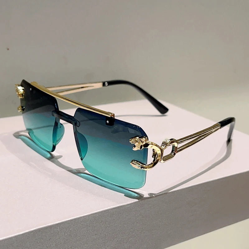 Rimless Sunglasses Square With Gradient Brown-To-Amber Lenses And Adjustable Nose Pads — Black | KIMLUD