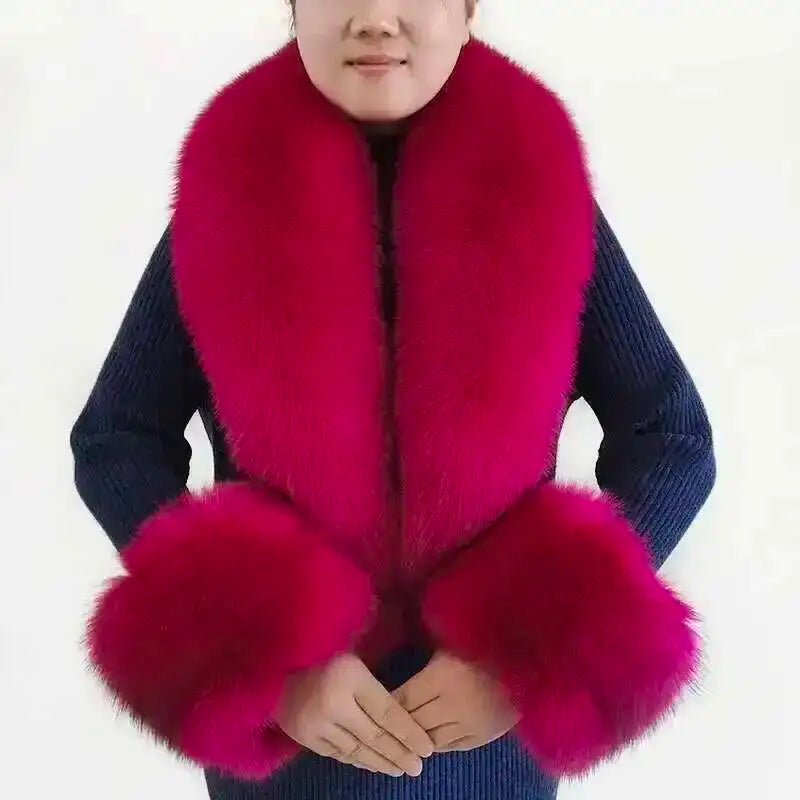 Fox Fur Solid Scarf And Cuff Set For Winter — Green | KIMLUD