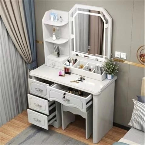 Satin Minimalist Vanity Table With Storage — White | KIMLUD