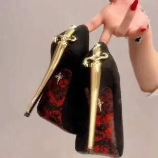 2026 Early New High Heels Women's Fine Heels Pointed Metal Swords Sexy Queen Black Lacquer Leather Single Shoes