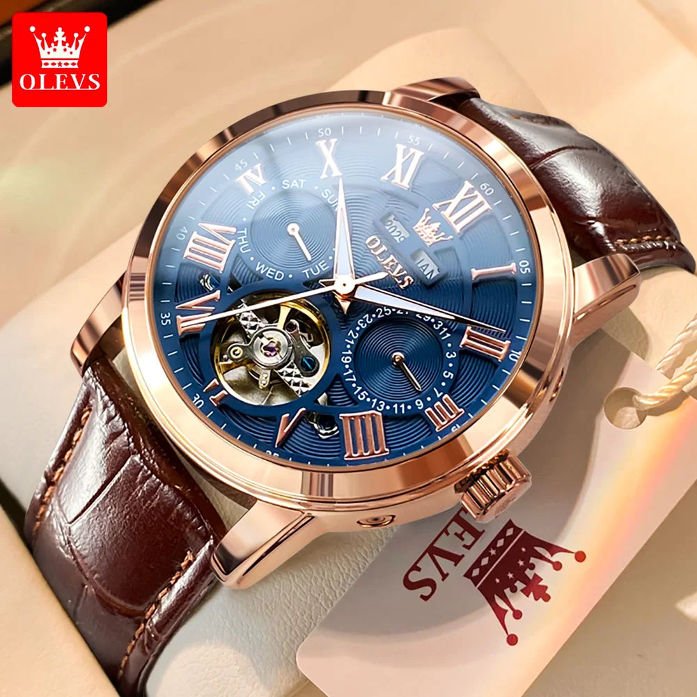 Moon Phase Calendar Automatic Chronograph Leather Strap Watch — Rose-Gold | KIMLUD
