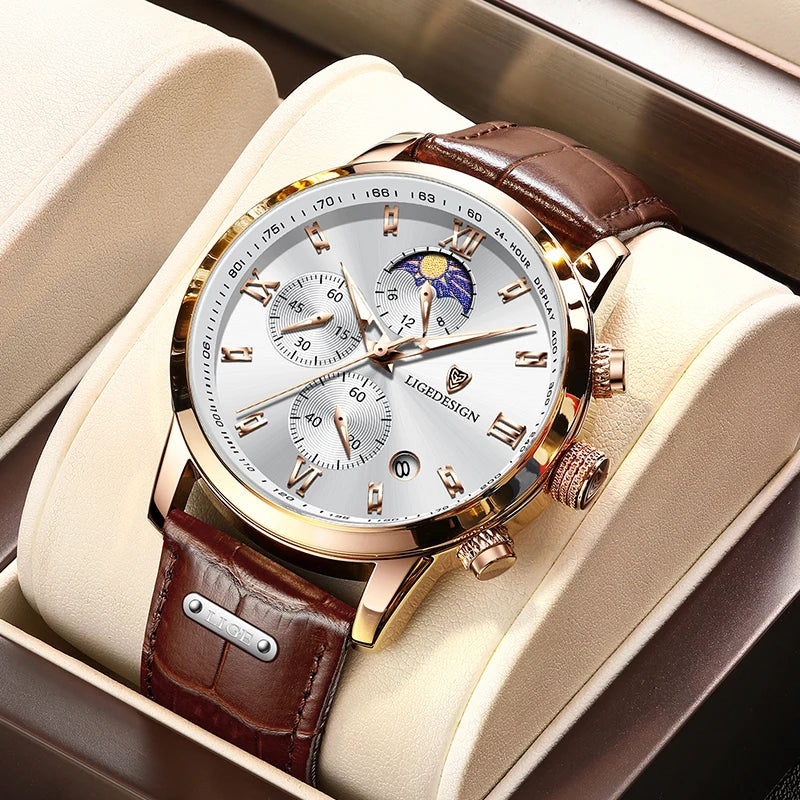 Leather Chronograph Military Watch 40–44mm Dial, Luminous Hands, 3 Bar Water Resistant — Black | KIMLUD