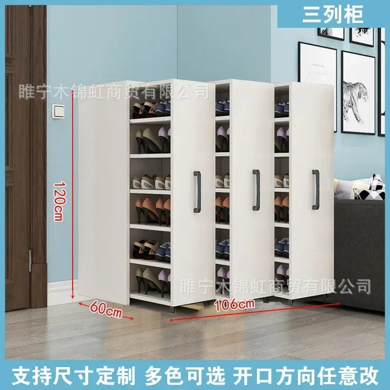 Sliding dustproof shoe cabinet, large capacity wheeled side pull shoe rack storage drawer type seam storage cabinet at home entr