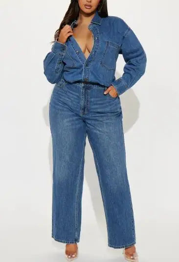 Denim Jumpsuit High Waist Pocket Turn-Down Collar — Deep Indigo | KIMLUD