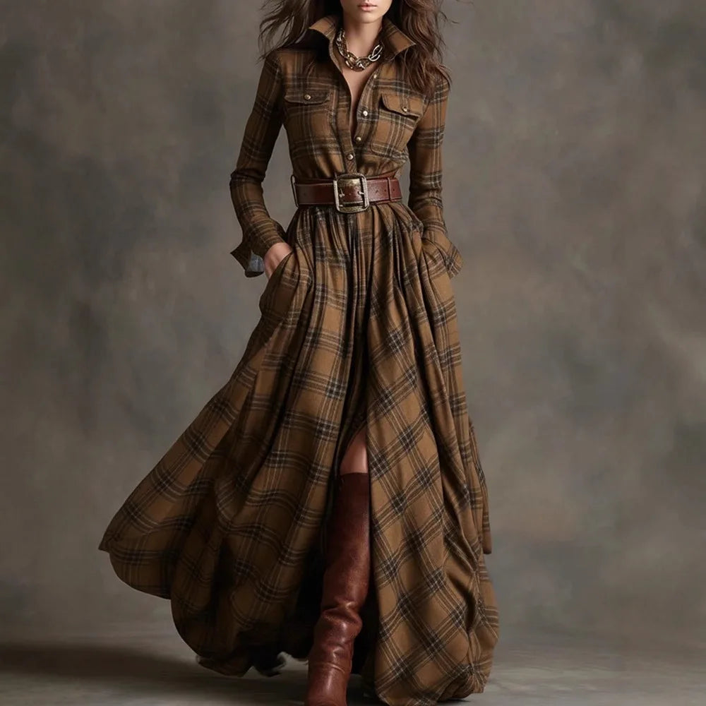 Polyester A-Line Dress Plaid Belted Retro Long Sleeve Turn-Down Collar — Black | KIMLUD