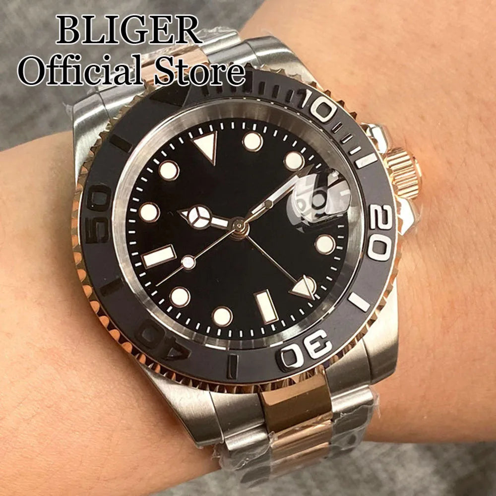 20ATM Waterproof 40mm Rose Gold NH34 GMT Automatic Watch For Men Steel Strap Ceramics Bezel Sapphire Glass Luminous