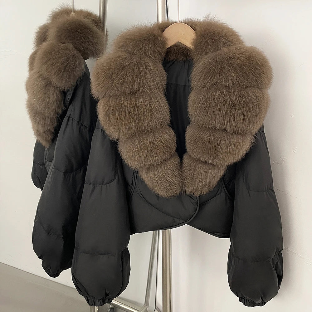 Down Coat – Real Fox Fur Trim – Duck Down – Natural | KIMLUD