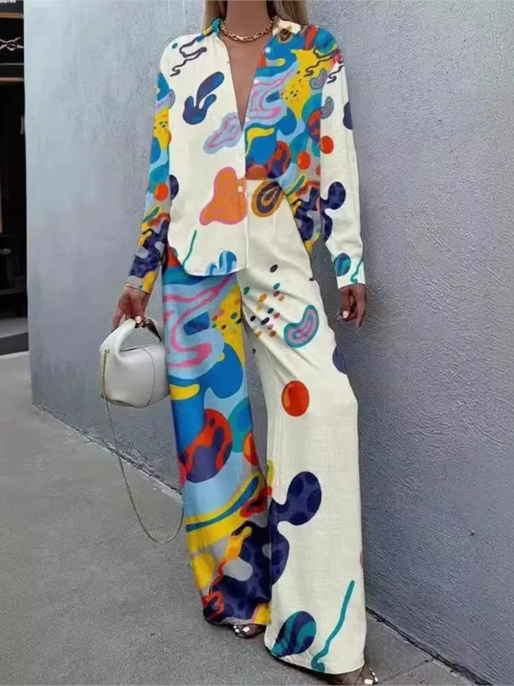 Two Piece Pant Set – Print Shirt and Wide Leg Pants – Broadcloth | KIMLUD
