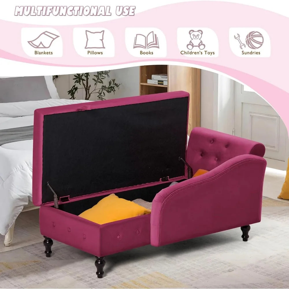 Velvet Chaise Lounge with Left Armrest & Storage Space,Button Tufted Lounge Chair w/Lumbar Pillow,Modern Upholstered Lounge Chai