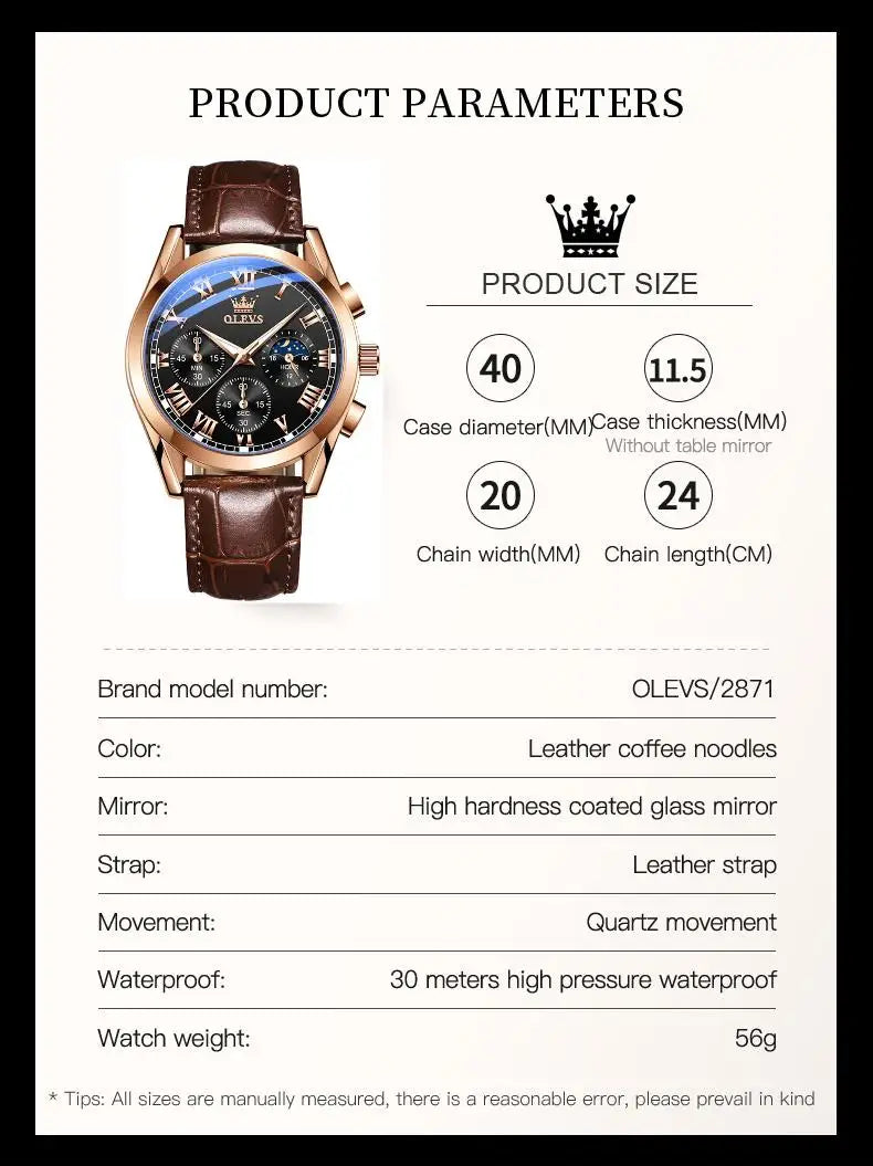 Rose-Gold Chronograph Moon Phase Watch Leather Strap — Black | KIMLUD