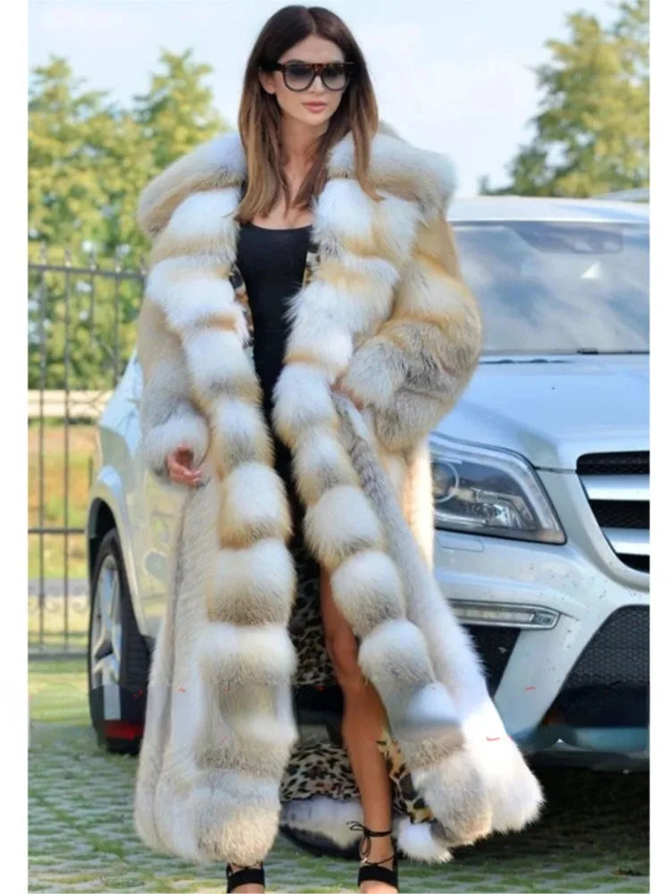 Winter Plus Size Longer Faux Fur Warm Coat Long Sleeve Coat Fox Fur Faux Fur Coat women's Long Hooded Fur all-in-one Fur Coat