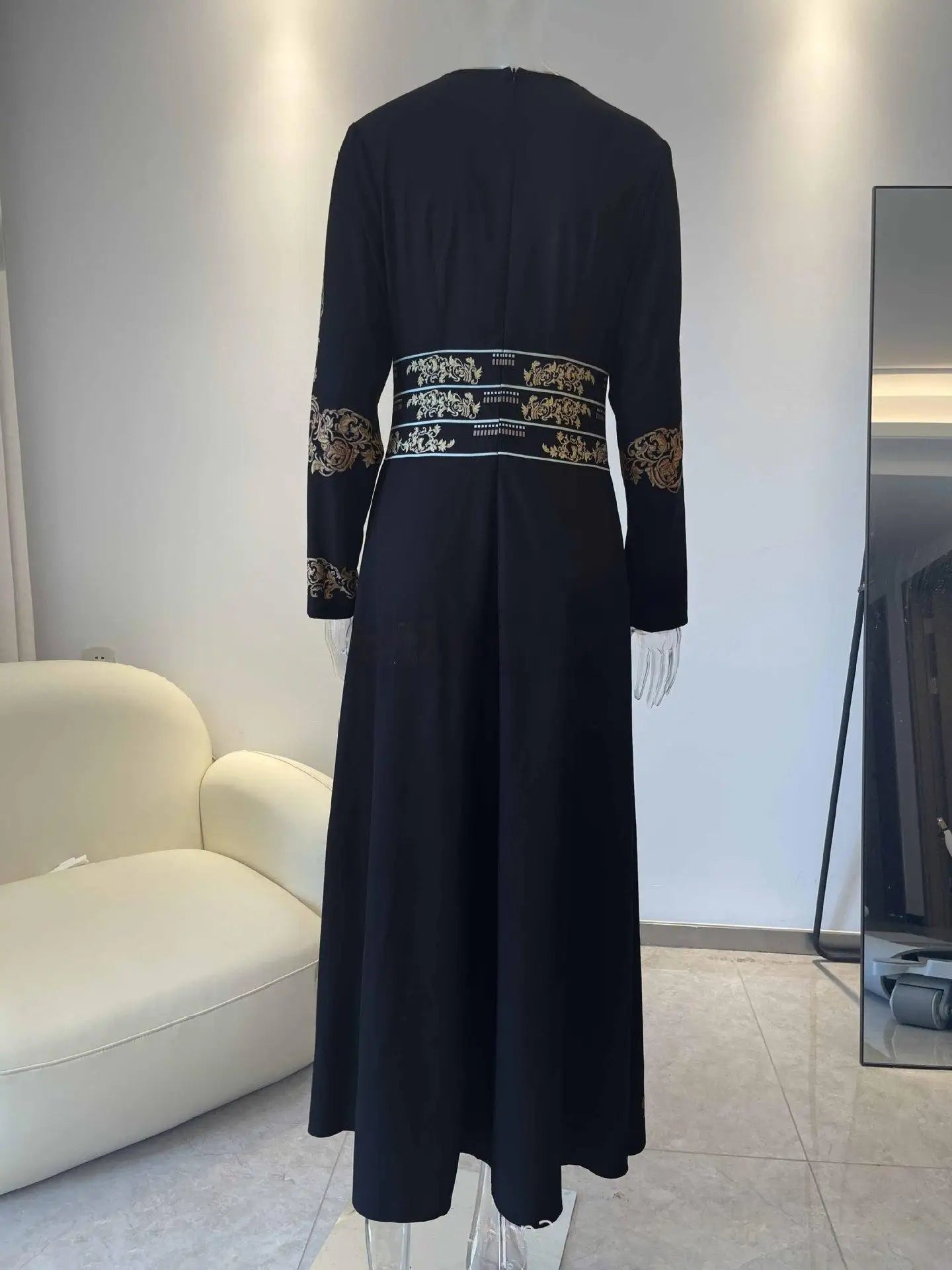 Sexy V-neck Elegant Women's Dress Pockets Pleated A-Line Ethnic Floral Printed Long Sleeve Retro Muslim Fashion Dresses