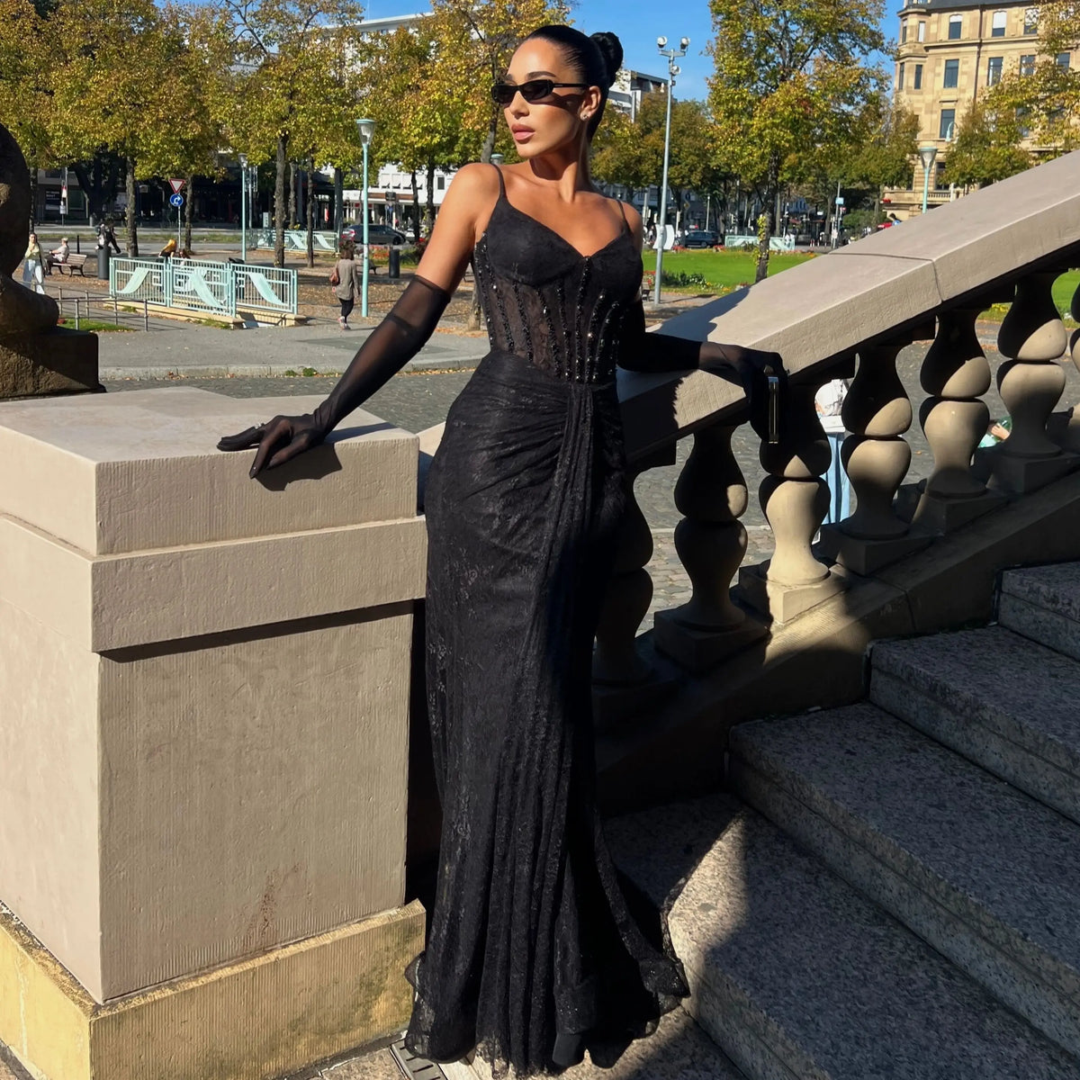 Black Corset Long Sleeve Evening Dress with Gloves Elegant Maxi Formal Gown for Women Luxury Occasion Wear Party Dress