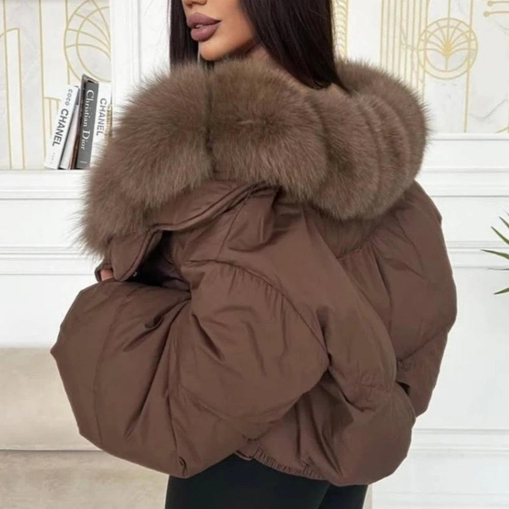 Down Coat – Real Fox Fur Trim – Duck Down – Natural | KIMLUD