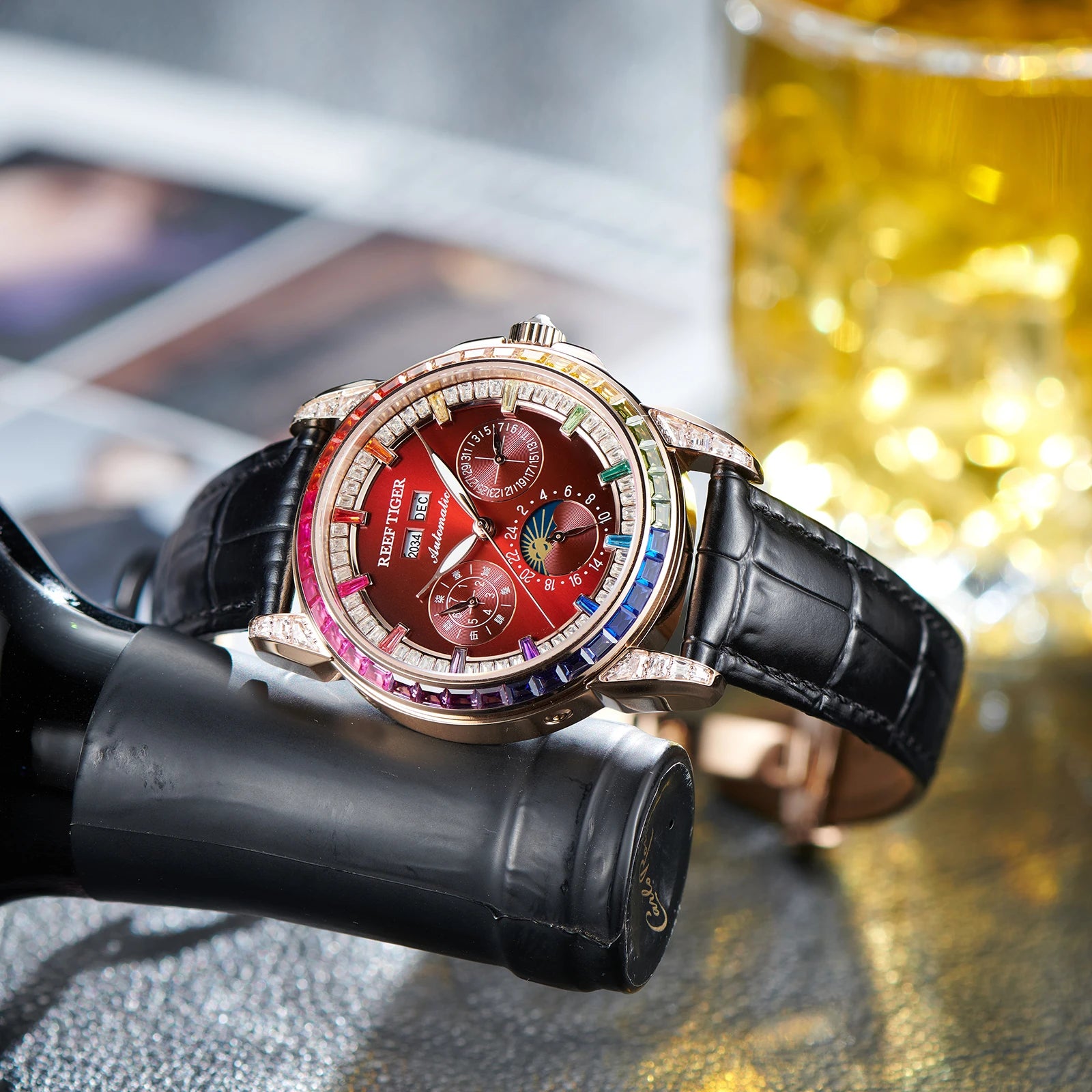 Moonphase Automatic Leather Watch Rainbow Diamond Bezel — Ruby Red | KIMLUD