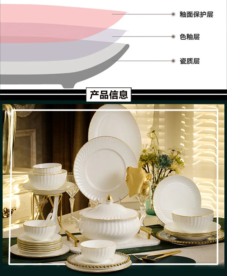 Bone China Dinnerware Set With Gold Accents — White | KIMLUD