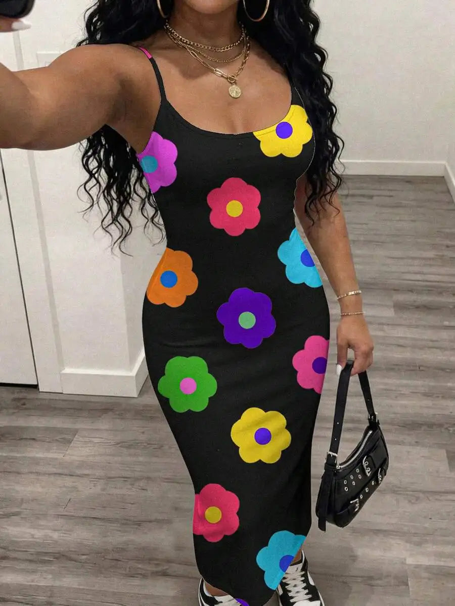 Dress - Floral Print Waist Cinched Ankle Length - Polyester | KIMLUD