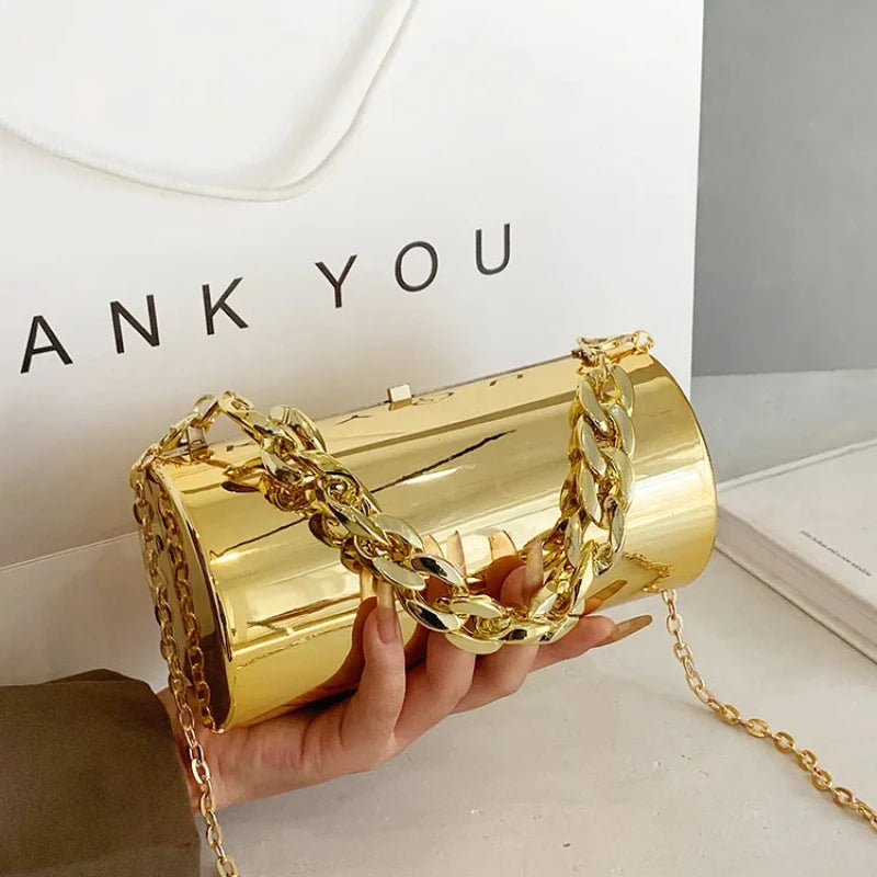 Metallic Cylinder Mini Box Clutch Purse — Gold | KIMLUD
