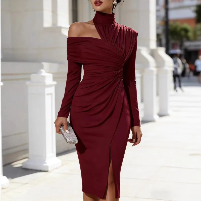 Polyester Knit Dress Off-Shoulder Long-Sleeve Pleated Slit — Black | KIMLUD