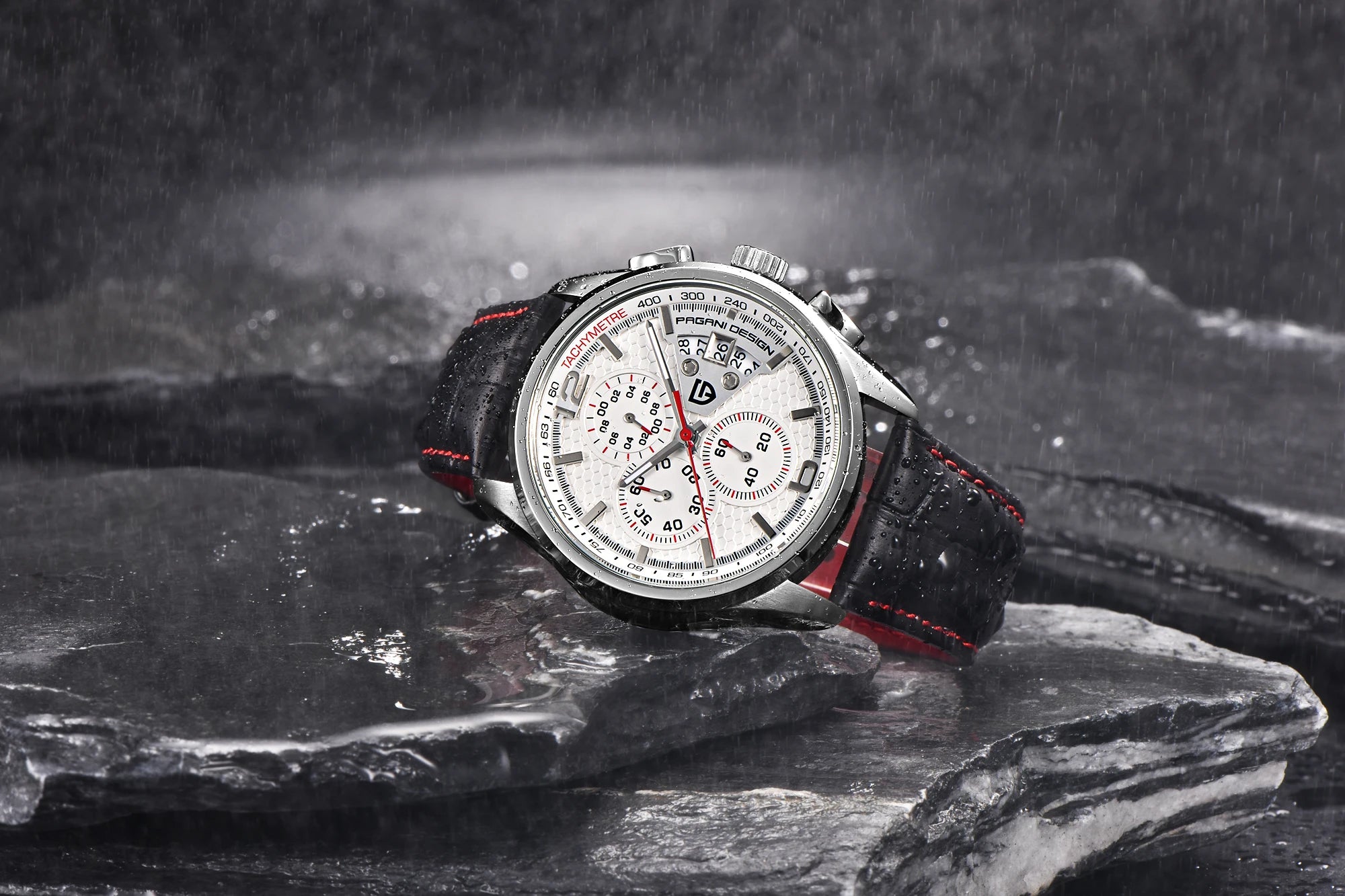 Leather Chronograph Honeycomb Dial Watch — White | KIMLUD