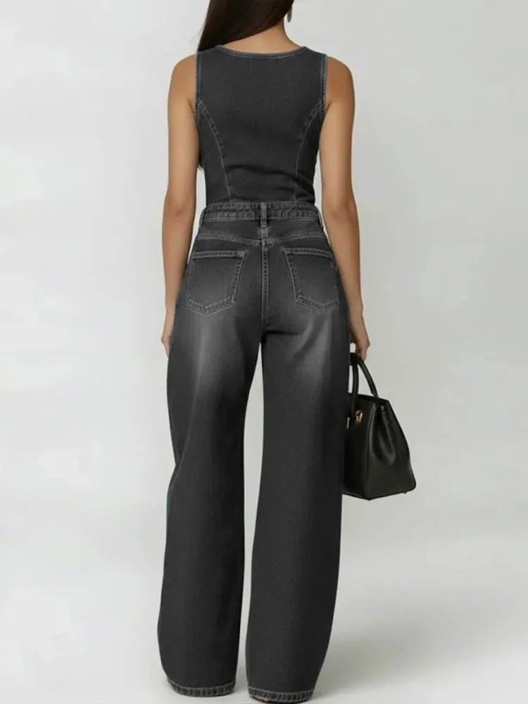 Denim Jumpsuit Eyelet Wide-Leg Pockets — Denim Blue | KIMLUD