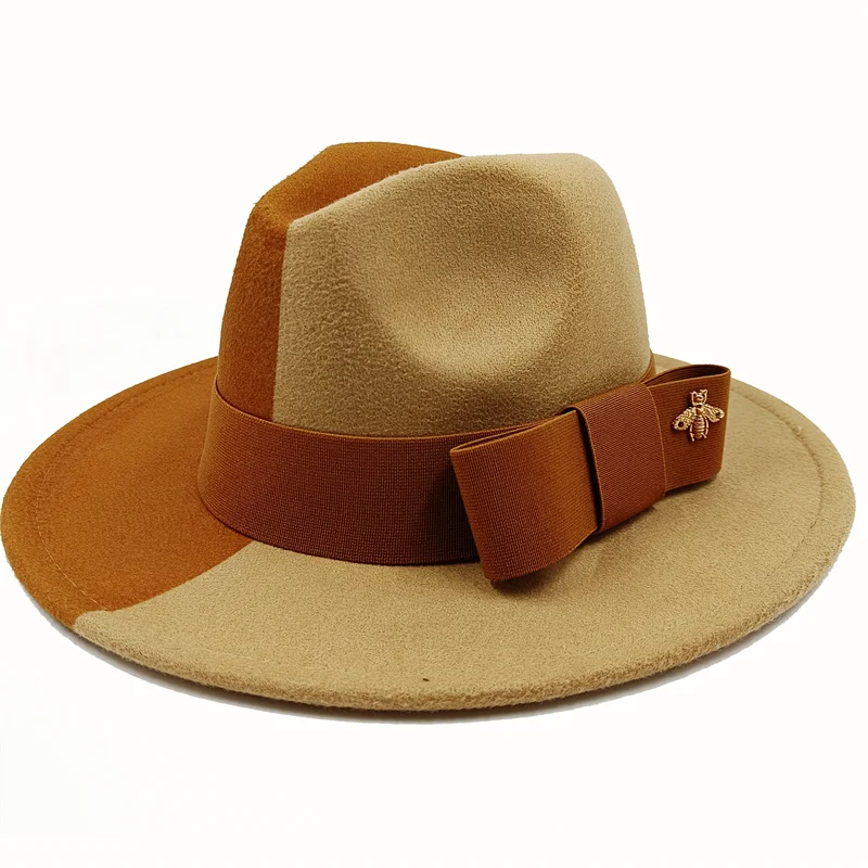 Wholesale Fedora hats Winter round concave convex surface flat top bow elastic ribbon men&#39;s and women&#39;s felt jazz hats Fedora - KIMLUD