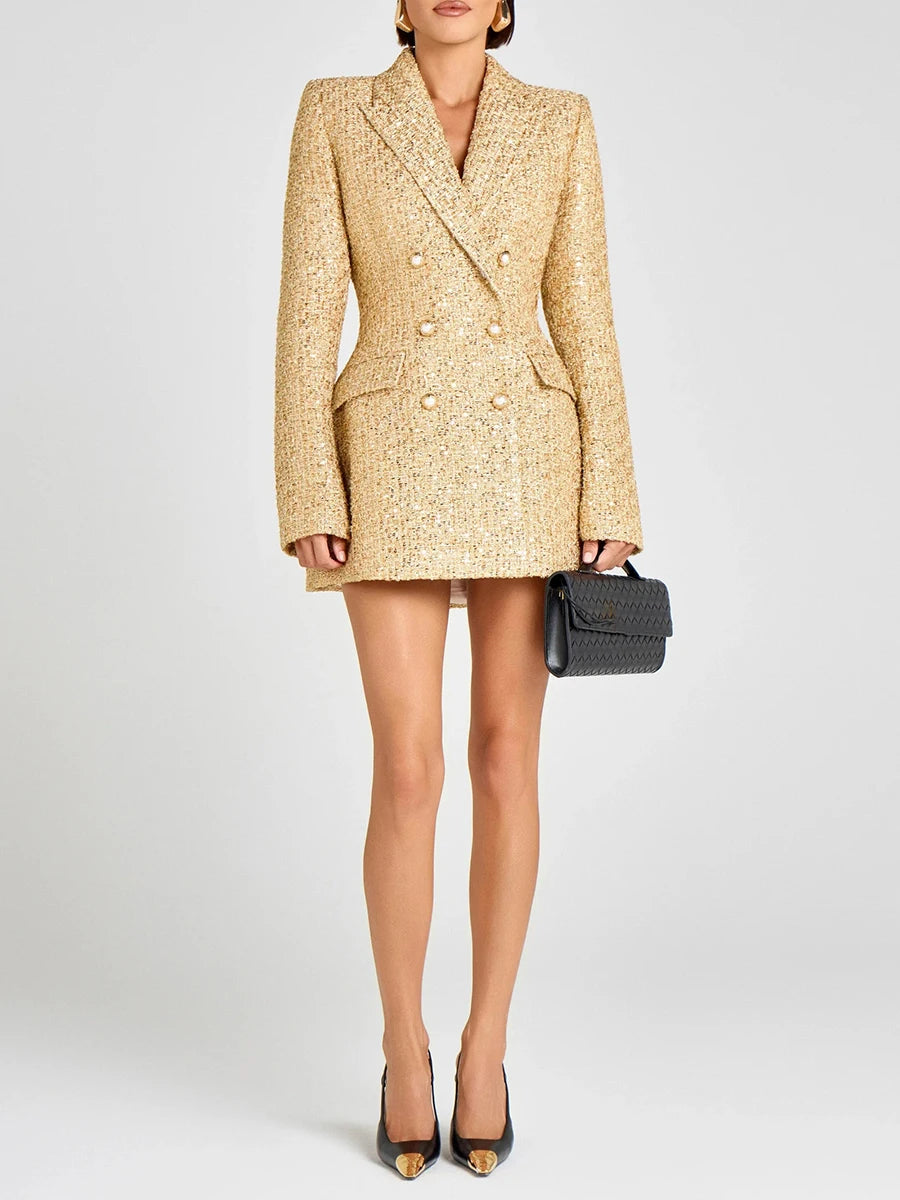 Sequin Patchwork Temperament Coat Double Breasted Lapel Long Sleeves — Champagne Gold | KIMLUD