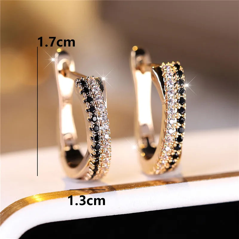 Gold-Tone Zircon Clip Earrings Geometric Arc With Black And White Stones — Gold | KIMLUD