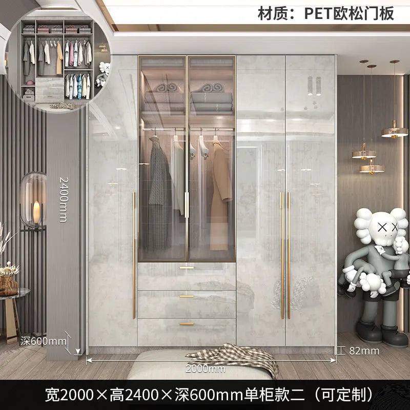 Glass Door Modern Wardrobe With Ample Storage And Brass Hardware — Pale Gray | KIMLUD
