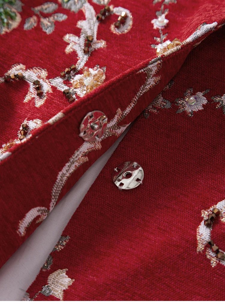 Embroidered Beaded Coat – Floral Longline – Red | KIMLUD