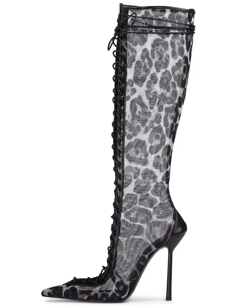 Mesh Leopard Cross Tie Knee-High Boots — Gray | KIMLUD