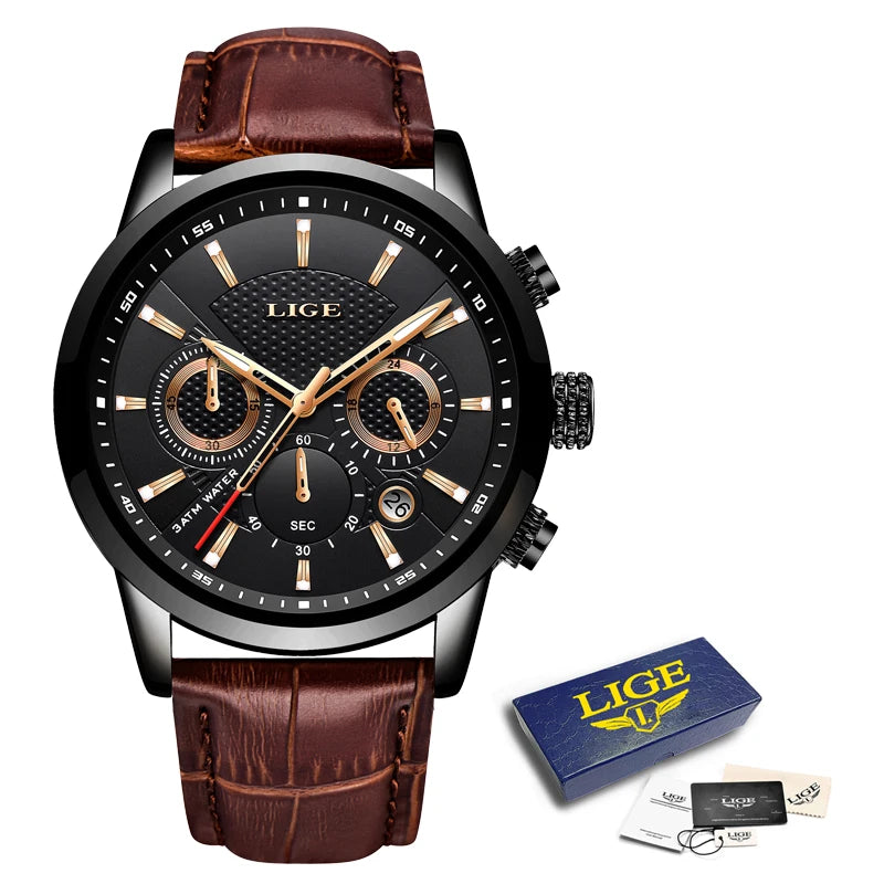 2024 LIGE Top Luxury Mens Watch Casual Business Quartz Watches Men Fashion Leather Wristwatch Waterproof Male Clock Reloj Hombre