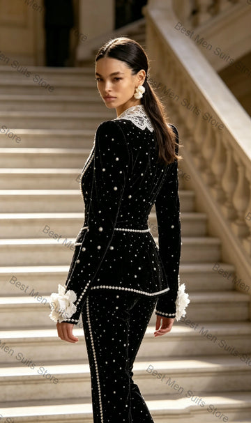 Velvet Pearl Embellished Two-Piece Suit — Black | KIMLUD