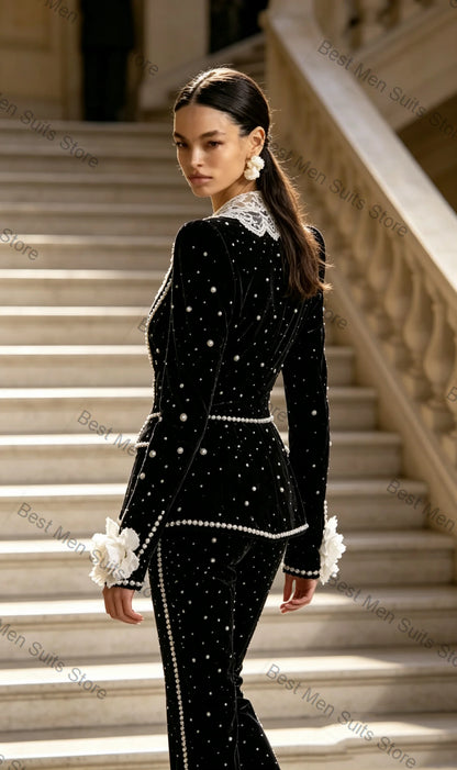 Velvet Pearl Embellished Two-Piece Suit — Black | KIMLUD