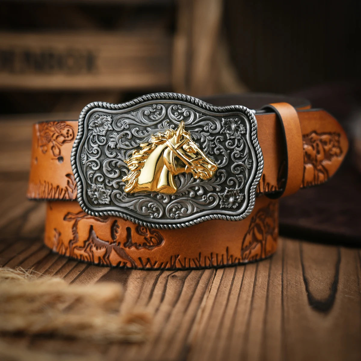 Genuine Leather Floral Engraved Buckle Belt — Brown | KIMLUD