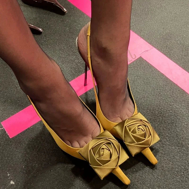 Gold Satin Sandals Pointed Toe With Delicate Flower Decoration For Evening — Gold | KIMLUD