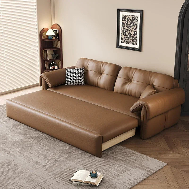 Faux Leather Sofa Bed Italian Modern Silhouette With Convertible Chaise Lounge — Brown | KIMLUD