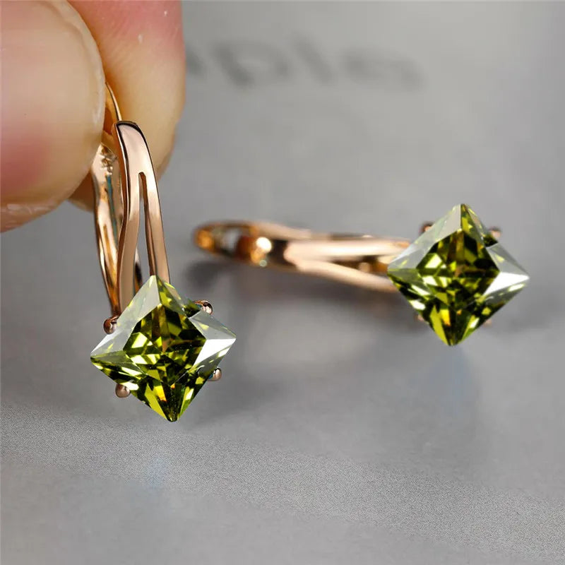Rose Gold Hoop Earrings Square-Cut Cubic Zirconia — Rose Gold | KIMLUD