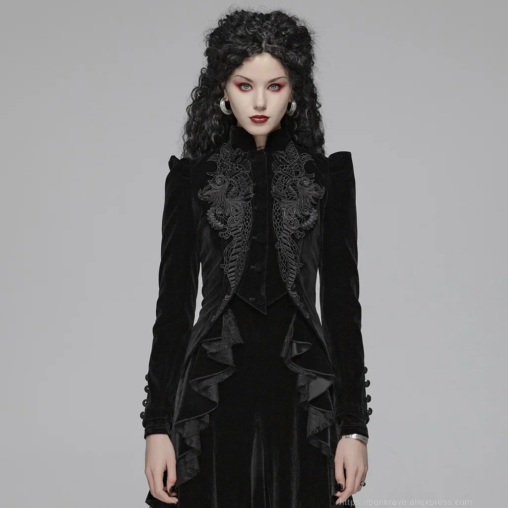 PUNK RAVE Women's Gothic Lolita Puff Long Sleeved Black Short Coat Party Club Halloween Jacket with Exquisite Lace Decoration