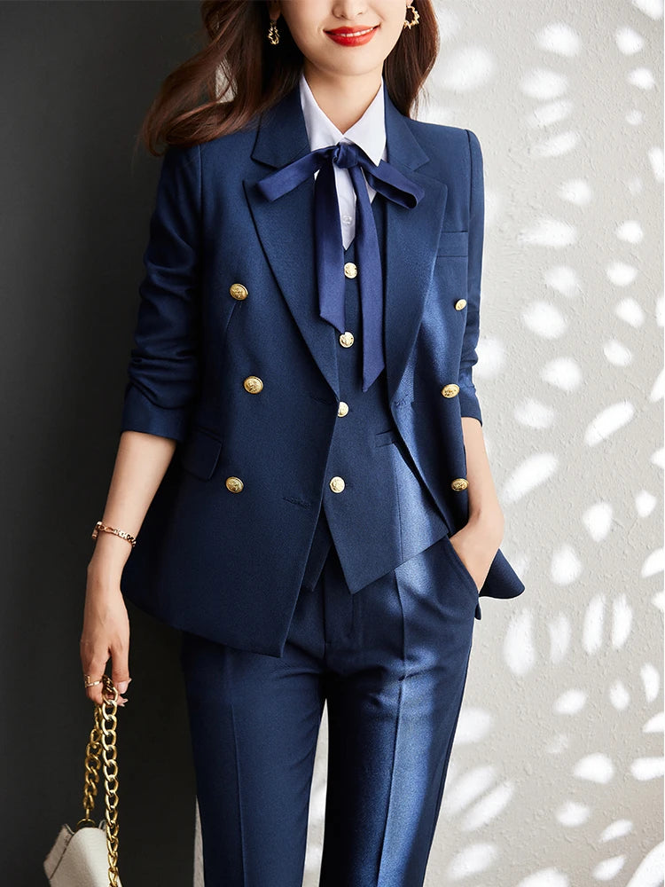 KIMLUD, Autumn Winter Women Vest Blazer and Pant Suit Orange Navy Khaki Office Ladies Formal Business Work Career Wear 3 Pieces Set, KIMLUD Womens Clothes