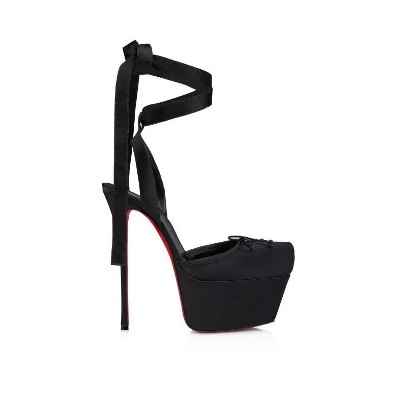 Silk Cross Strap Waterproof Platform Sandals High Heel — Black | KIMLUD