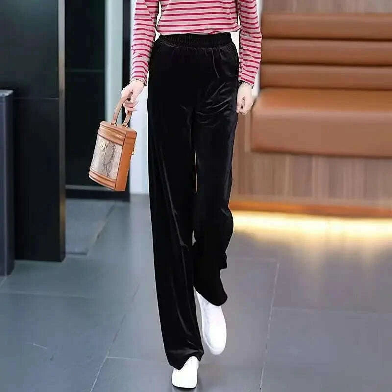 Korean Fashion Women Pleuche Pants Autumn Winter Elastic High Waist Solid Pockets Loose Office Lady Straight Wide Leg Trousers